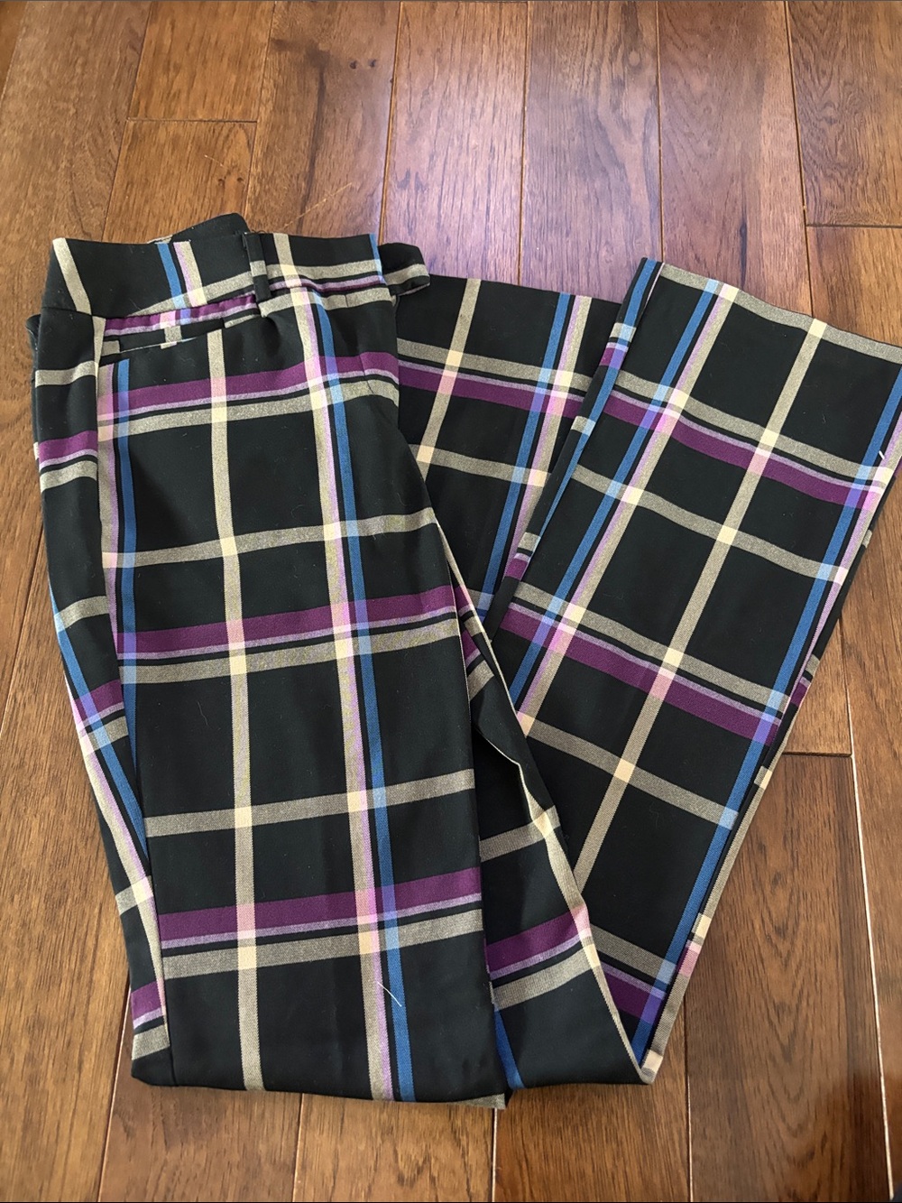 New York & Company Black Plaid Wide-Leg Pants with Purple & Blue Stripes